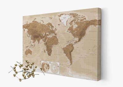 Akoestische Wereldkaart - Canvas Prikbord - Ruimte Dempen - Met Gouden Pins - 90x60 cm - Old Grunge