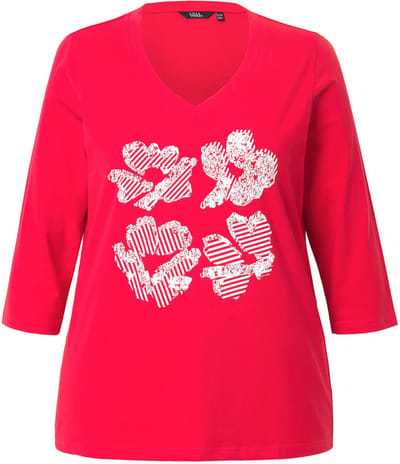 Ulla Popken - Dames - Shirt bloemen Classic V-hals 3/4-mouwen - Lychee - Maat 54+