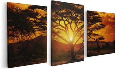 Artaza Canvas Schilderij Drieluik Zonsondergang Achter Een Savanne Boom - 120x60 - Foto Op Canvas - Canvas Print