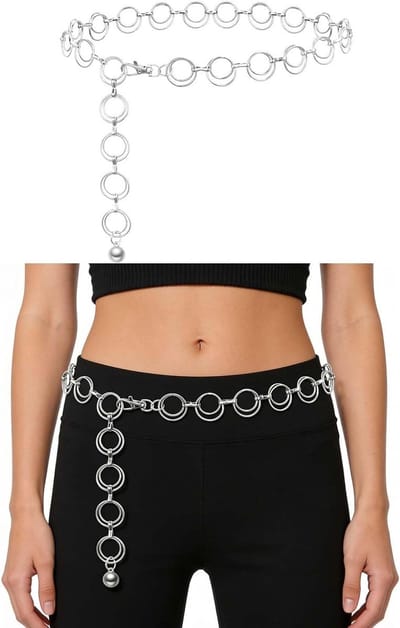 Verstelbare metalen tailleriem voor dames, modieuze kettingriem voor jurk en jeans, trendy cowgirl accessoire (zilver)