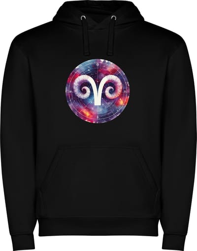 Zwarte unisex hoodie met “ Kleurrijke Sterrenbeeld Ram – Astrologie – Horoscoop – Zodiac Signs “ Print Full Color Color merk Roly maat S