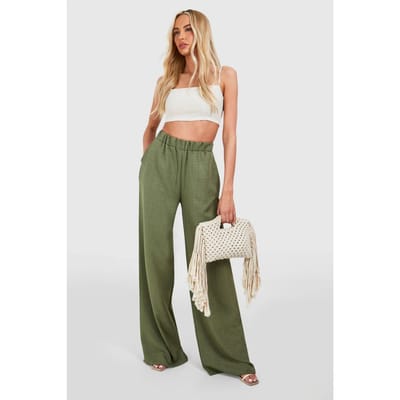 boohoo Dames Hoge Linnen-Look Broek met Wijde Pijpen | Kaki | Maat: 36