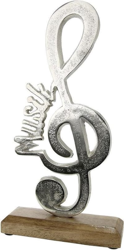 Beeld muzieksleutel sculptuur met muziek tekst - aluminium en mangohout 29 cm hoog handgemaakt