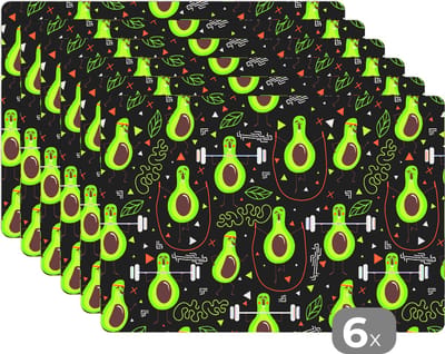 Placemat - Placemats kunststof - Avocado - Fitness - Patronen - 45x30 cm - 6 stuks - Hittebestendig - Anti-Slip - Onderlegger - Afneembaar
