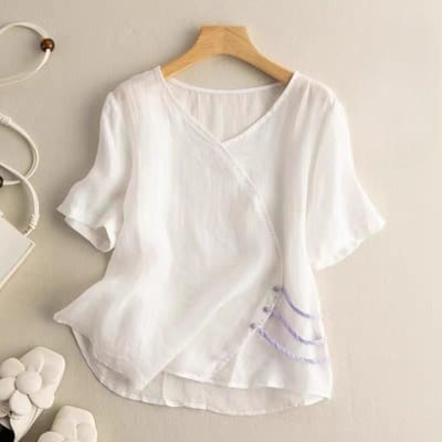 Nieuwe Retro V-hals Effen Kleur Katoen en Linnen Top voor Dames Dunne Slanke T-shirt voor Dames 4XL beige