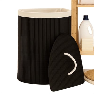 Lomera Bamboe Wasmand - Hoek Model - 72 Liter Capaciteit - Zwart - Opvouwbaar - Wasmand Met Deksel - Afneembaar Deksel - Verstevigde Metalen Ring - Uitneembare Waszak - Wasbare Binnenzak - Polyester Katoen Viscose