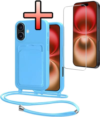 Hoes Geschikt voor iPhone 16 Plus Hoesje Pasjeshouder Cover Met Koord Case Siliconen Hoes Met Telefoonkoord en Kaarthouder Met Screenprotector - Lichtblauw