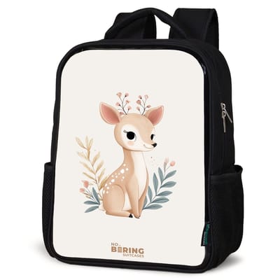 NoBoringSuitcases.com® - Rugzak zwart - Schooltas jongen & meisje - Hertje omringd door planten in beige tinten - Rugtas voor school - Boekentas kind - Schoolrugzak - Kinderrugzak
