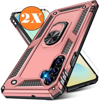 Hoesje Geschikt voor Samsung Galaxy A26 5G Hoesje Rose Goud Anti-Shock Hybrid Armor hoesje Met Draaibare Ring Houder - Samsung A26 Screenprotector 2 pack
