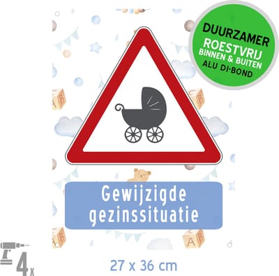 Baby bord/ pictogram/ geboortebord Dibond + boorgaten | "Gewijzigde gezinssituatie" | 27 x 36 cm | Geboren | Kind | Gevelbord | Verkeersbord | Ludiek | Roestvrij | 1 stuk