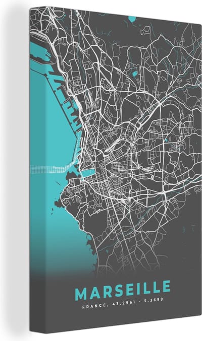 Canvas Schilderij Marseille - Frankrijk - Plattegrond - Stadskaart - Kaart - 20x30 cm - Wanddecoratie