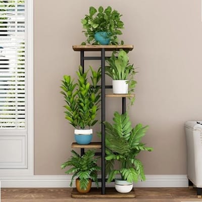 Sierra, Plantenstandaard 4-laags 5 ingemaakte kamerplantenplank meerdere standaards voor tuin hoek balkon woonkamer (4 niveaus 5 pot, zwart)
