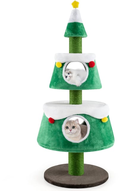 COSTWAY Kattenkrabpaal, Kerstboom, Groen, 59x153 cm, Kattenholtes, Sisal Krabzuilen, Pluche Kussen, Speelgoed, Kattenmeubel, Indoor, Decoratief, Comfortabel