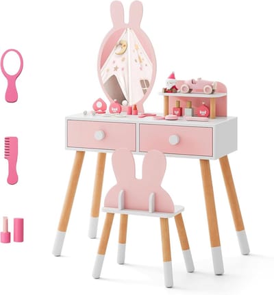 Kindertafel met Spiegel en Opbergruimte – Schattig Konijnenontwerp voor Meisjes
