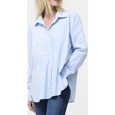 French Connection Cambria Cott Embroidered Shirt Arctic Blue/linen Wh Maat: L | Blouses Outlet | Dames | Blauw