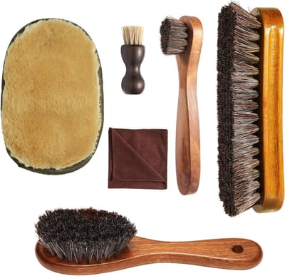 Complete Schoenpoets Set met 6 Stukken - Paardenhaar Borstels, Applicator Penselen en Microvezeldoek voor Perfecte Schoenverzorging en Glans