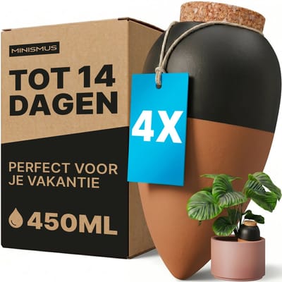MINISMUS Waterdruppelaar Terracotta 450ml Set van 4 - Bewateringsbal - Zelfbewaterend Watergeefsysteem voor Kamerplanten - Waterbol voor Binnen en Buiten - Automatische Beregening tot 14 dagen - Vakantie Plantenverzorging - Olla