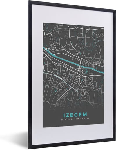 Fotolijst incl. Poster - België – Izegem – Stadskaart – Kaart – Blauw – Plattegrond - 40x60 cm - Posterlijst