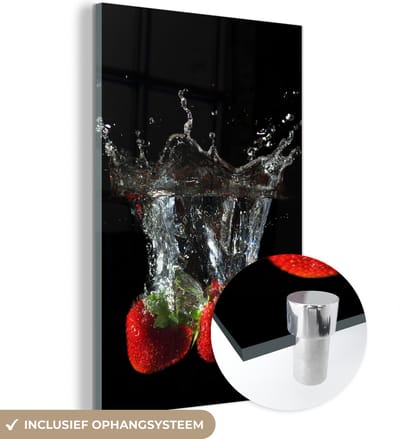 MuchoWow® Glasschilderij 120x180 cm - Schilderij acrylglas - Aardbeien - Fruit - Water - Zwart - Rood - Foto op glas - Schilderijen