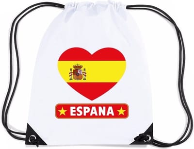 Spanje thema sporttas - nylon rijgkoord rugzak - wit met hartjes vlag print - supporters - 11 liter - 45 x 34 cm