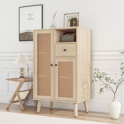 DESMIU Dressoir - Houtlook Met Rotan Deuren En Lade - Veel Opbergruimte Voor Woonkamer En Hal - Spaanplaat - 60x40x101 Cm - Eiken