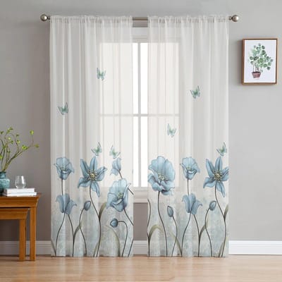 Blauwe bloemen vlinders slaapkamer transparante doorschijnende gordijnen vakantie decoratie raam voile tule gordijn 135W x 114H(cm) white