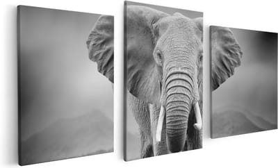 Artaza Canvas Schilderij Drieluik Olifant - Zwart Wit - 120x60 cm - Wanddecoratie Woonkamer - Schilderijen - Muurdecoratie