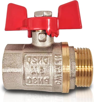 3/4" kogelkraan binnen-/buitendraad, volledige doorlaat, PN30, messing met nikkelcoating, vlindergreep voor water, olie en gas