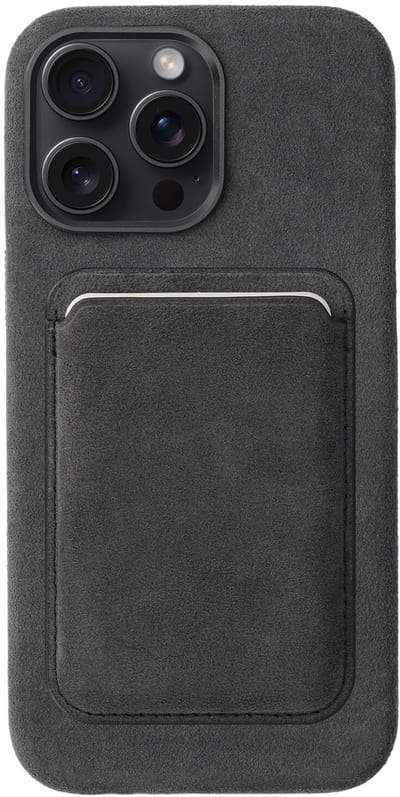 Rosso Avanti Hoesje Geschikt voor Apple iPhone 15 Pro Max met Magnetische Kaarthouder | Compatibel met MagSafe / Qi2 | Echt Italiaans Alcantara | Back Cover en Wallet | Grijs
