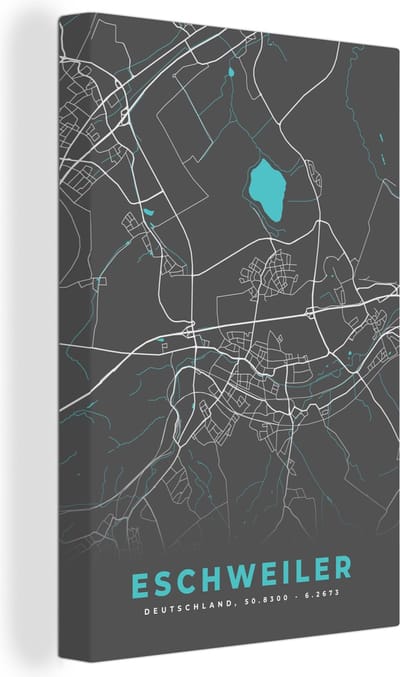 Canvas Schilderij Stadskaart – Plattegrond – Duitsland – Blauw – Eschweiler – Kaart - 20x30 cm - Wanddecoratie