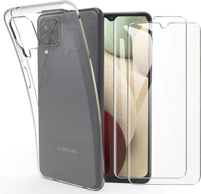 Hoesje Ultraslank geschikt voor Galaxy a12 backcover siliconen Transparant en 2 stuks ScreenProtector Gehard Glas