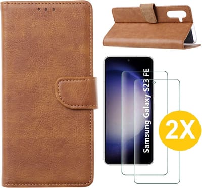 Hoesje Geschikt Voor Samsung Galaxy S23 FE hoesje bookcase Bruin Met screenprotector / 2X Beschermglas