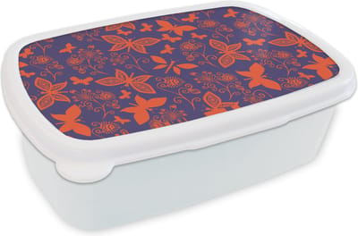 Broodtrommel Wit - Lunchbox - Brooddoos - Vlinder - Libelle - Rood - Patronen - 18x12x6 cm - Volwassenen