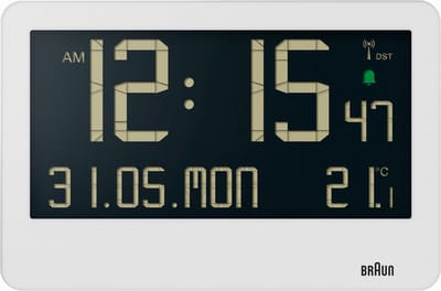 Braun BC14W-DCF - Wandklok - Tafelklok - Digitaal - LCD - Radiogestuurde tijdsaanduiding - Kalender- en temperatuurfunctie - Pieptoonalarm • 12/24H - Uitklapbare standaard - Wekkerfunctie - Snooze - Wit
