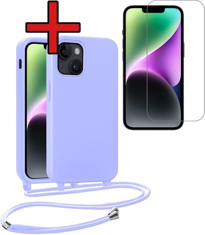 Hoesje Geschikt voor iPhone 13 Mini Hoesje Siliconen Case Met Koord Met Screenprotector - Hoes Geschikt voor iPhone 13 Mini Hoesje Backcover Met Telefoonkoord - Lila