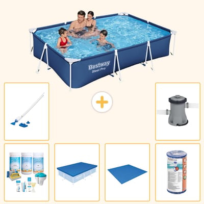 Bestway Rechthoekig Steel Pro Zwembad - 300 x 201 x 66 cm - Blauw - Inclusief Onderhoudspakket - Afdekzeil - Grondzeil - Filter - Stofzuiger - Zwembadfilterpomp - 7-delig