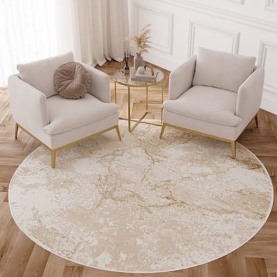 Tapiso Crystal Rond Vloerkleed Beige Bruin Laagpolig Modern Tapijt Maat- 80x80