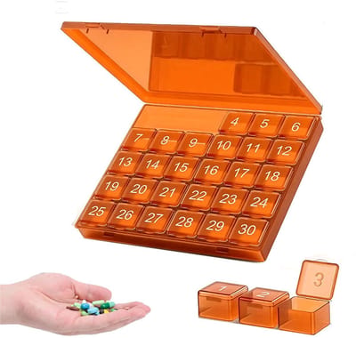 Pillendoos 30 Dagdelen - Maandelijkse Pillendoosje 30 Dagen Pillendoos - Uitneembare Medicijndoos - Grote Geneesmiddelen Pillendoosje - Pillendoos Pillenhouder - Reis Pillenorganisator - Geschikt voor Pillen/Vitaminen/Supplementen - Oranje