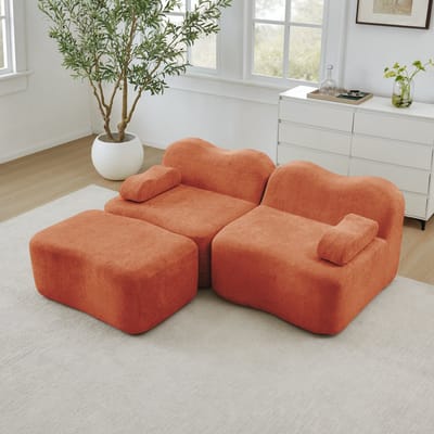 MODENUIT Hoekbank 2-Zits - Modulair Met Hocker En Golfvorm - Voor Woonkamer En Appartement - Fluweel Oranje