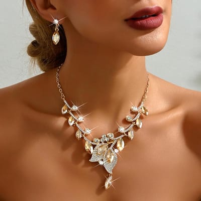 3-delige Dames Sieraden Set Luxe Blad Kristal Ketting Oorbellen Banketjurk Accessoires Sleutelbeenketting brown