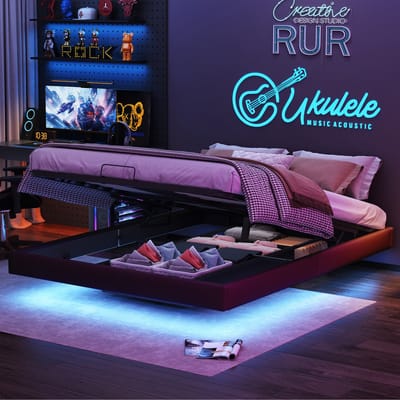 Hydraulisch opbergbed 160x200 cm, zwart bedframe zonder hoofdbord, met LED-verlichting onder bed