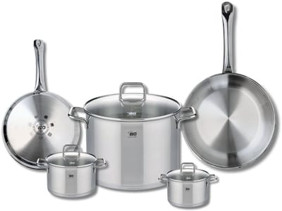 Set van 2 Koekenpannen 24 en 28 cm en 3 kookpotten 12, 14 en 26 cm Elo Profi Citrin