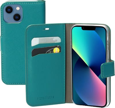 Mobiparts hoesje geschikt voor Apple iPhone 13 Mini - Saffiano Wallet/Portemonnee hoesje - Magneet Sluiting - 3 Opbergvakken - Turquoise