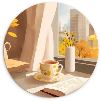 WallCircle® Wandcirkel 120x120 cm - Muurcirkel Thee - Boek - Thee - Herfst - Muurdecoratie woonkamer - Wanddecoratie slaapkamer - Kamer decoratie accessoires - Ronde schilderijen XXL