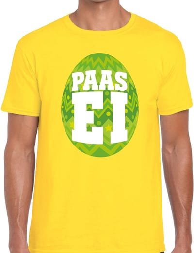 Geel Paas t-shirt met groen paasei - Pasen shirt voor heren - Pasen kleding S