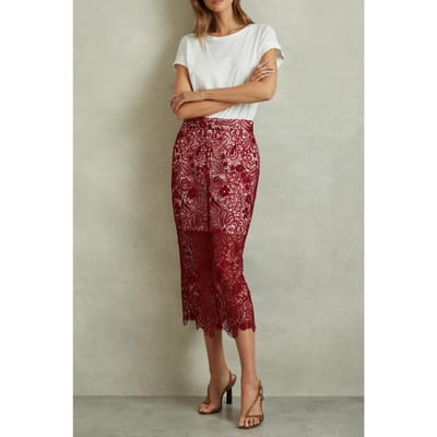 Reiss Lace Pencil Skirt Burgundy Size: 10 | Midi Skirts Outlet | Dames | Bordeaux