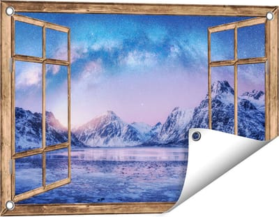 Gards Tuinposter Doorkijk Melkweg bij de Besneeuwde bergen - 60x40 cm - Tuindoek - Tuindecoratie - Wanddecoratie buiten - Tuinschilderij