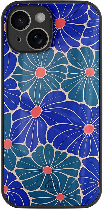 Hoesje geschikt voor Apple iPhone 14 - Indigo bloemen - Blauw - TPU luxe case (glossy toplaag) - Bloemen - Hardcase backcover zwart
