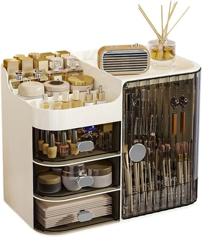 Make-up Opbergdoos - Cosmetica Organizer - Schoonheidsroutine Organiseren - Stapelbare Laden Transparant Deksel - Grote Capaciteit - Wit/Grijs