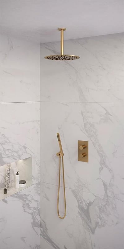 Brauer Gold Edition thermostatische inbouw regendouche 3-weg omstelling SET 30 met 30 cm douchekop en plafondarm en staaf handdouche en doucheslang en wandaansluitbocht goud geborsteld PVD